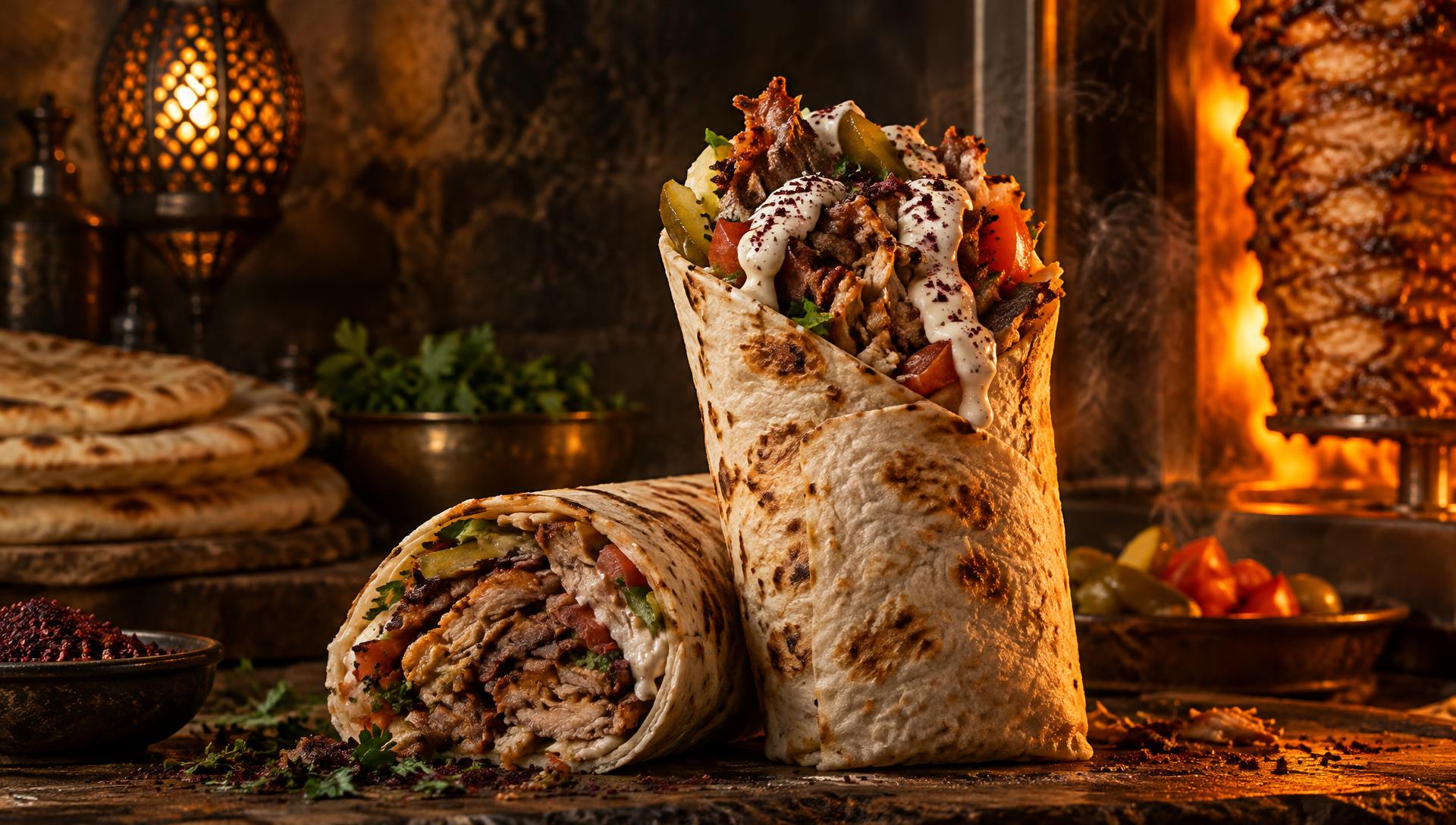 Freshly rolled durum filled with flame-grilled meat, garlic sauce and salad