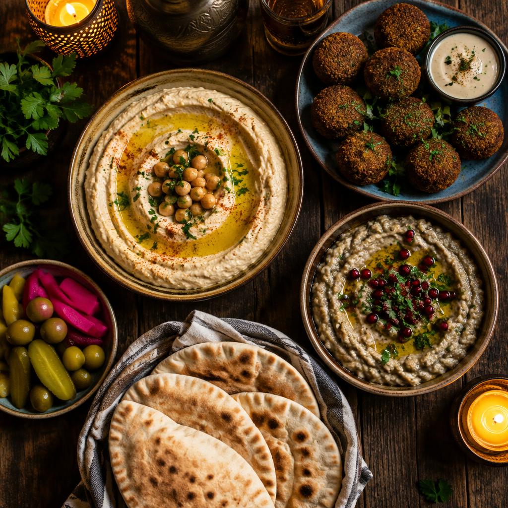 Mezze spread with hummus, falafel and homemade pita